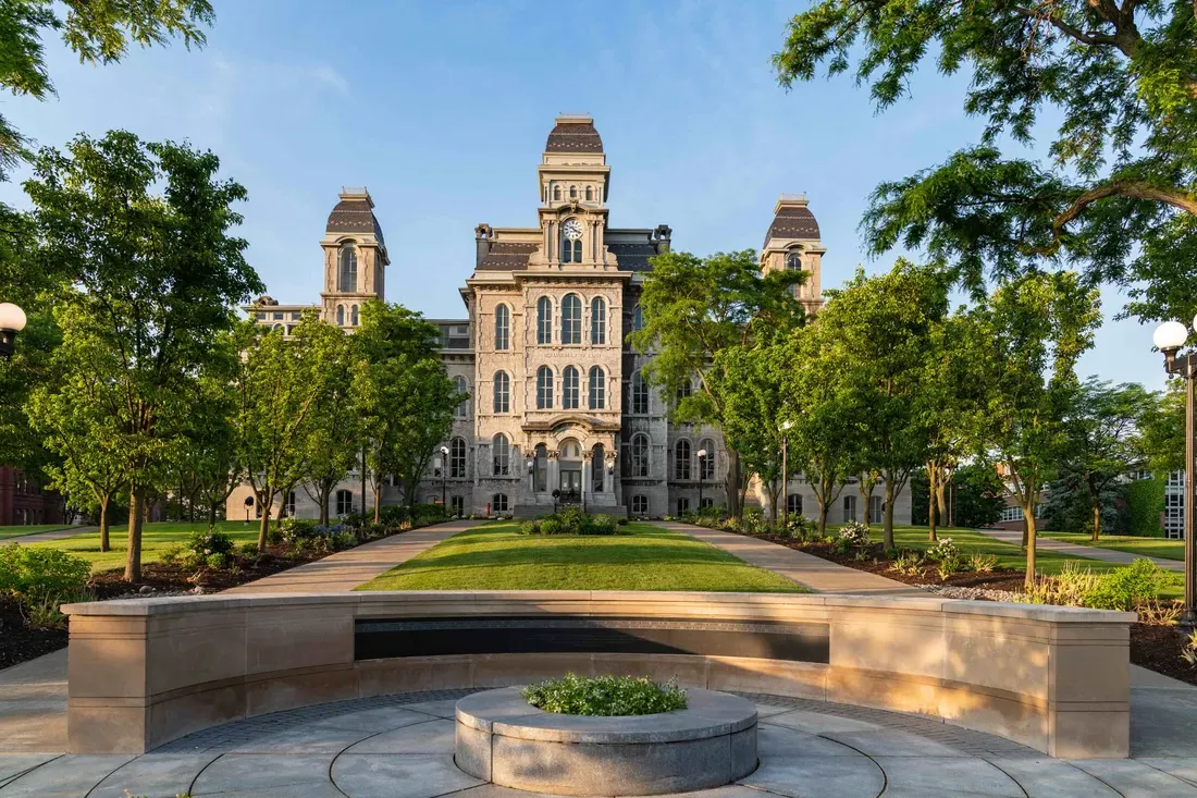 The exterior of the Hall of Languages building in the summer.